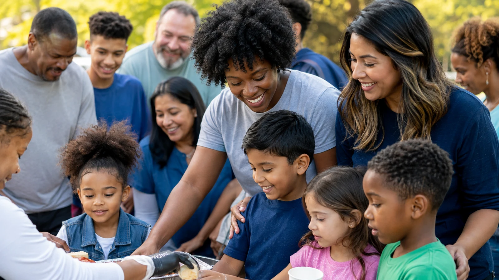 Diverse Austin families and volunteers sharing food at a community event — support Kind E.L.F. Collective