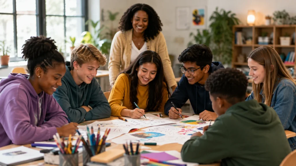 Diverse homeschool teens collaborating in a creative social activity — Kind E.L.F. Collective Austin